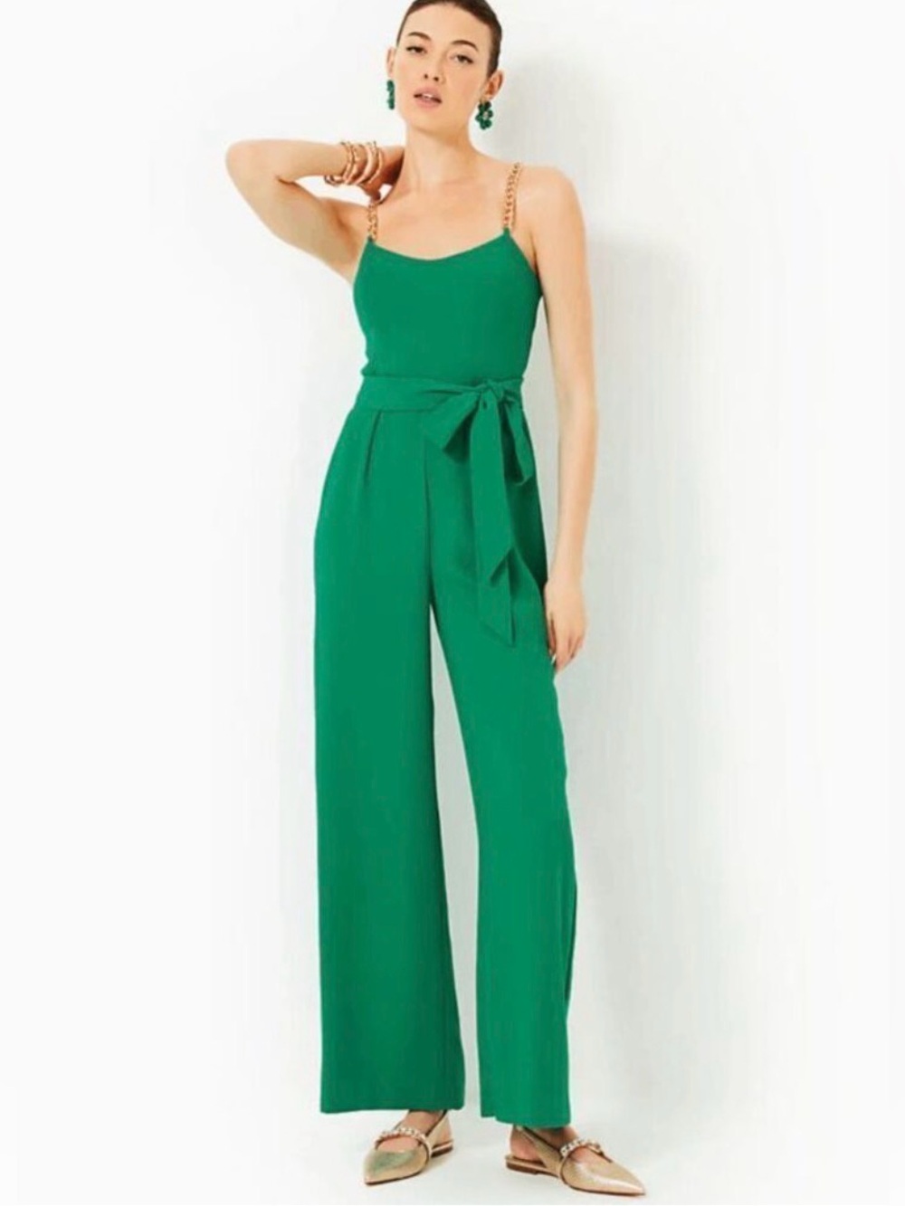 LILLY PULITZER NWT Zemira 00 Fiddle Leaf Green Sleeveless Jumpsuit Gold Chain